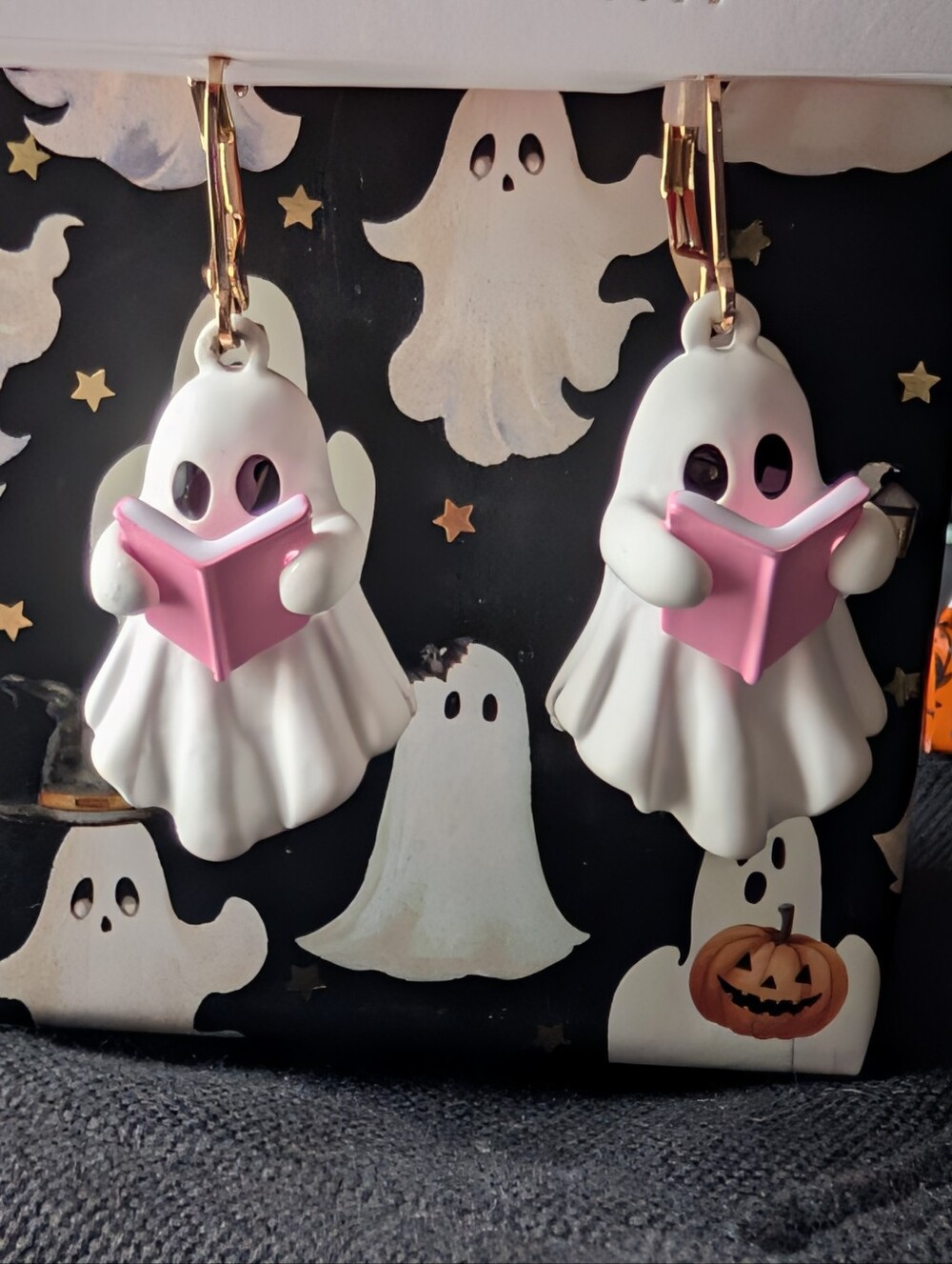 👻 Cute Ghost with Pink Book Charm Earrings 📖